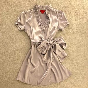 Silver Satin Stretch Wrap Dress w Ruffled Collar